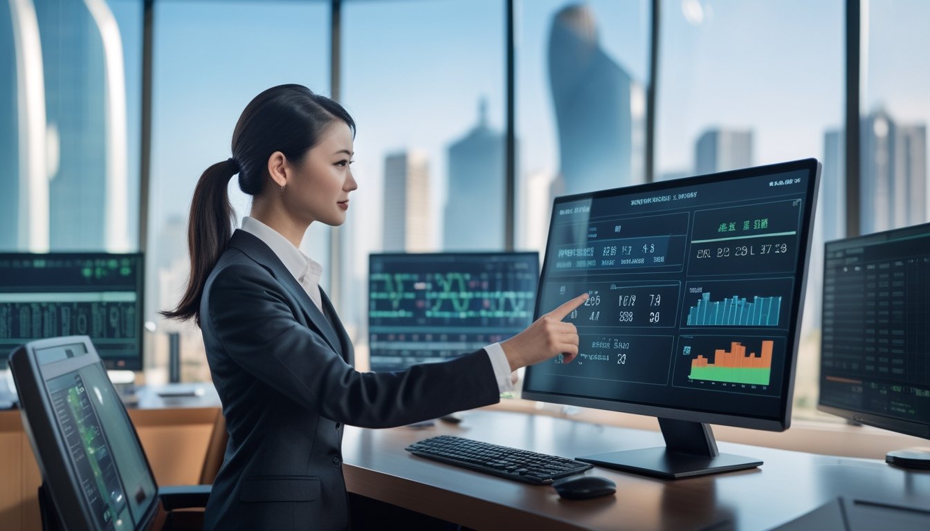 Seorang wanita bisnis Asia yang percaya diri sedang menggunakan layar sentuh digital di kantor modern dengan pemandangan kota Taipei di latar belakang.