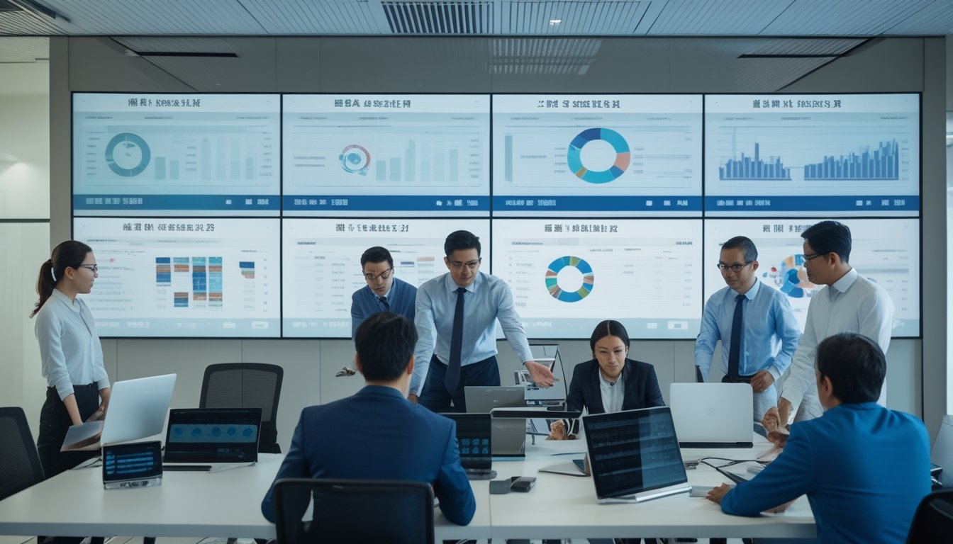 Sekelompok profesional sedang berdiskusi dan menganalisis data di ruang konferensi modern dengan layar besar dan perangkat digital.