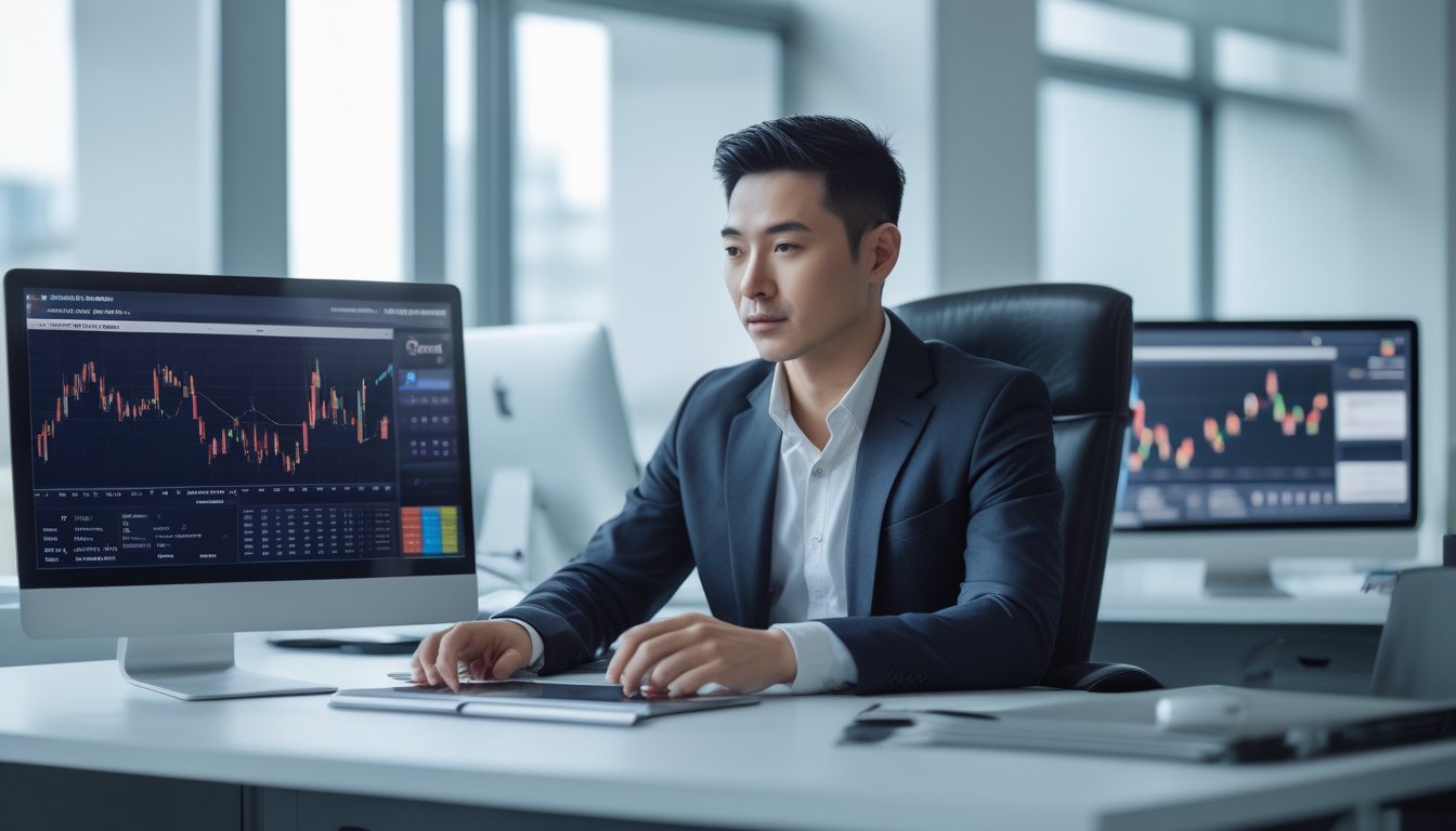 Seorang pria Asia Tenggara duduk di meja kantor modern dengan beberapa layar komputer yang menampilkan data dan grafik, sedang fokus menganalisis informasi.