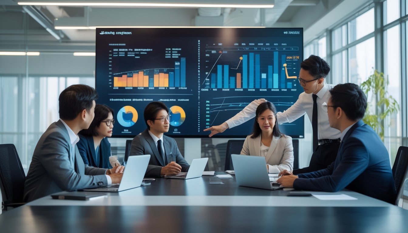 Sekelompok profesional bisnis sedang berdiskusi di kantor modern dengan layar digital yang menampilkan grafik dan data.