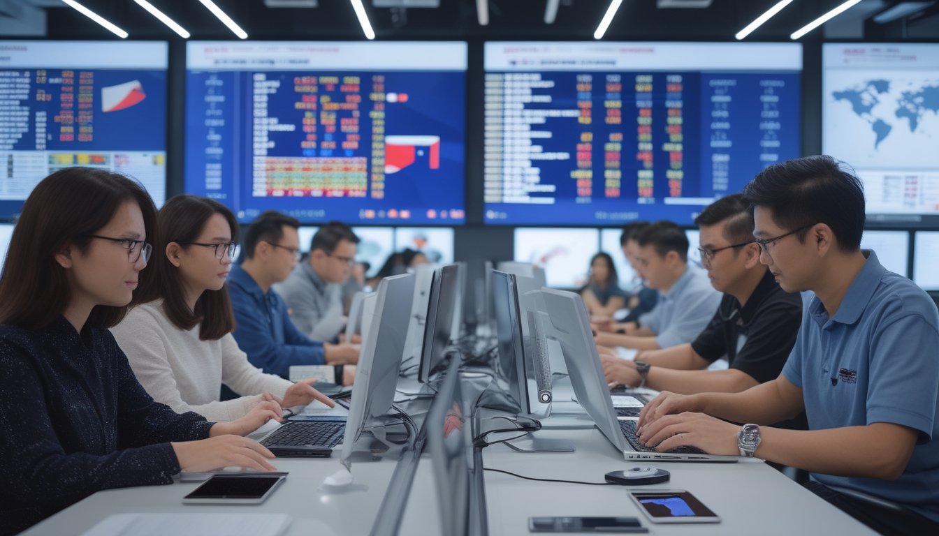 Orang-orang bekerja di kantor modern dengan komputer yang menampilkan grafik dan peta digital pasar lotere Taiwan.