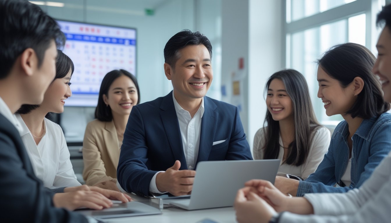 Seorang agen togel berpengalaman sedang berbicara dengan beberapa klien di kantor modern yang terang dan bersih.