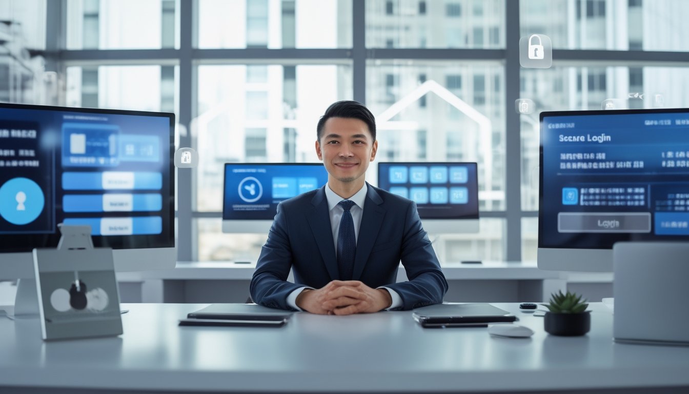 Seorang pria profesional duduk di meja kantor modern dengan layar digital yang menampilkan grafik dan ikon keamanan, menunjukkan suasana kepercayaan dan transparansi.