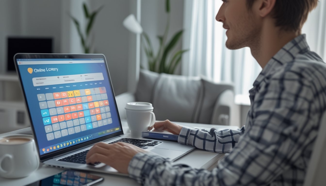 Seseorang duduk di meja dengan laptop, menggunakan layanan taruhan togel online di ruangan yang nyaman dan terang.