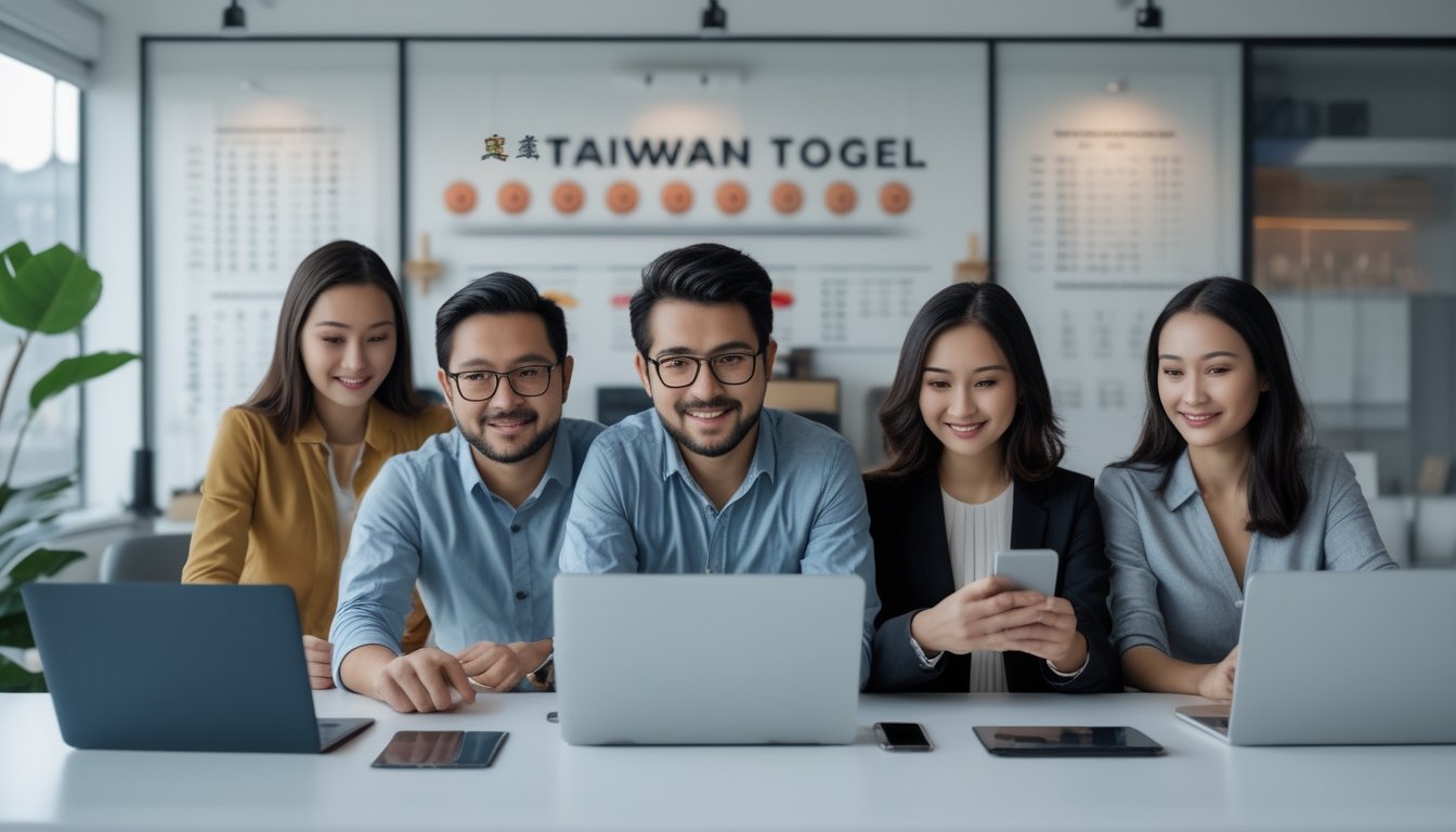 Beberapa orang menggunakan perangkat digital di ruang kerja yang nyaman dengan suasana santai dan fokus pada aktivitas taruhan togel online.