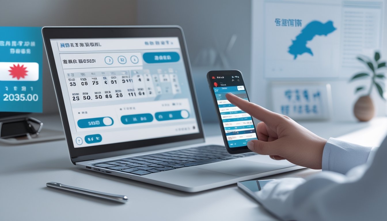 Meja kerja modern dengan laptop dan ponsel yang menampilkan aplikasi togel, di latar belakang terdapat elemen yang mewakili Taiwan.