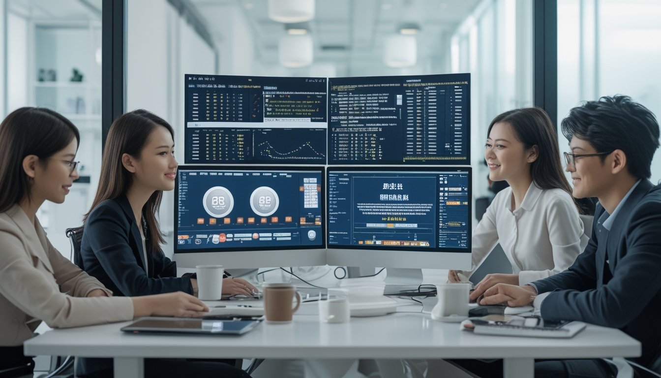 Sekelompok profesional bekerja bersama di kantor modern dengan komputer yang menampilkan data dan grafik terkait agen togel online dan pasar Taiwan.