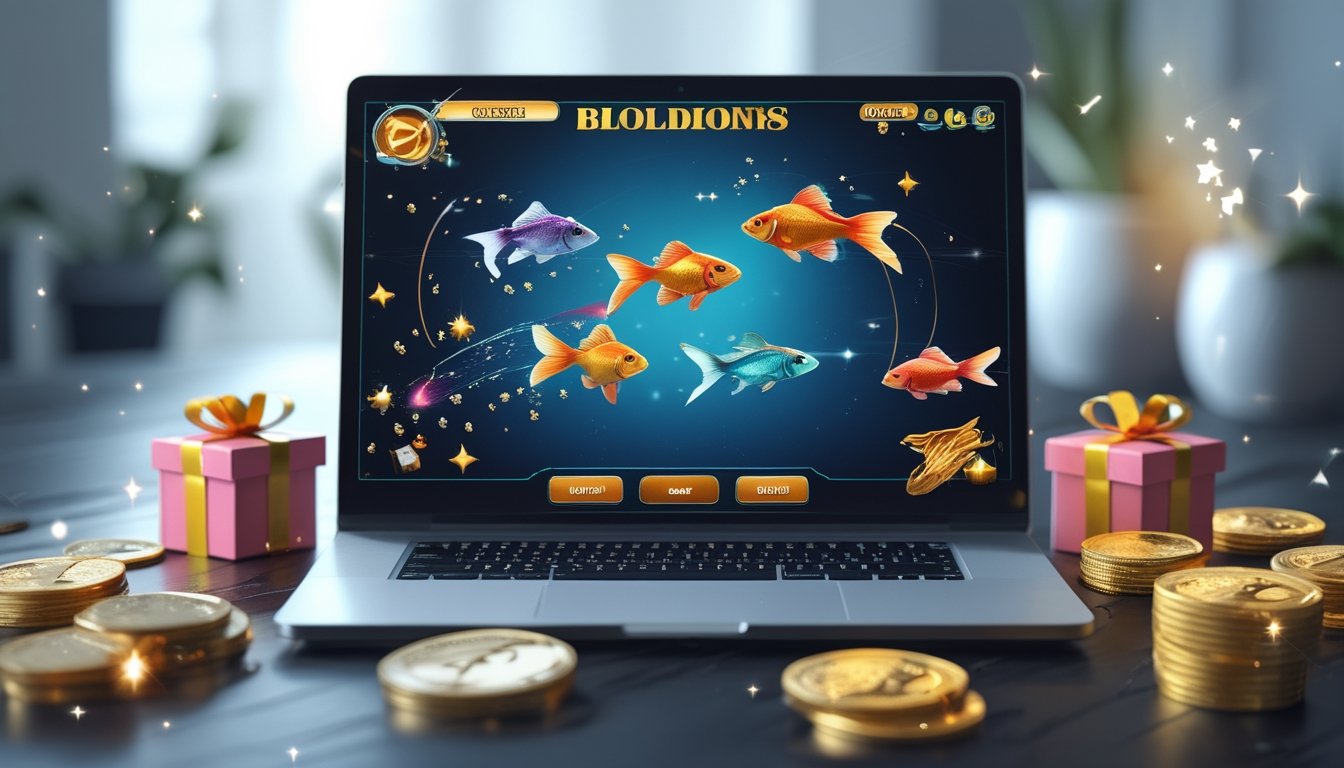 Layar laptop menampilkan permainan tembak ikan dengan ikan mas berwarna cerah dan ikon bonus, di meja kerja modern dengan koin digital dan kotak hadiah di sekitarnya.