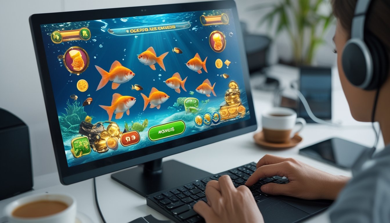 Seseorang sedang bermain permainan tembak ikan goldfish online di komputer dengan tampilan ikan berwarna-warni dan ikon hadiah di layar.