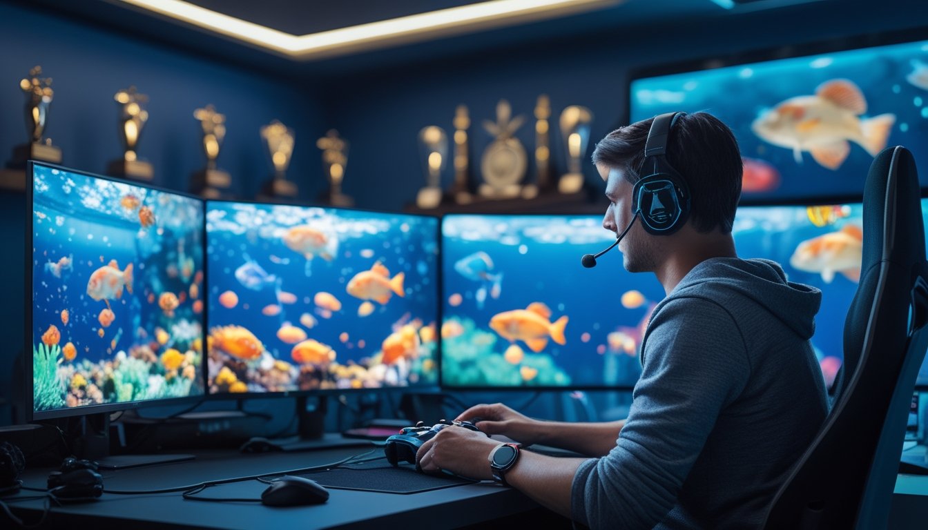 Seorang pemain game fokus di depan komputer dengan layar menampilkan ikan dan monster laut, di ruangan yang terang dengan peralatan gaming modern.