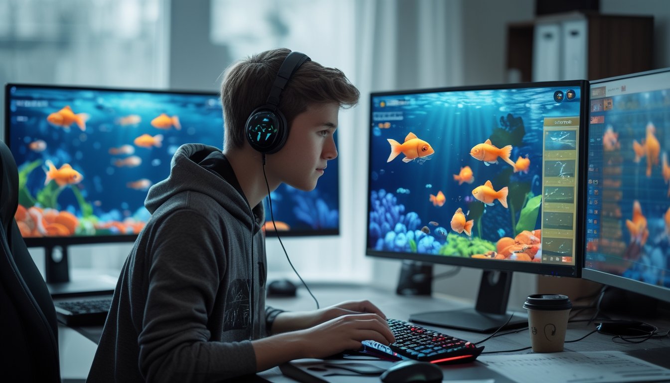 Seorang pemain fokus bermain game tembak ikan goldfish di depan komputer dengan layar menampilkan ikan berwarna-warni di bawah air.