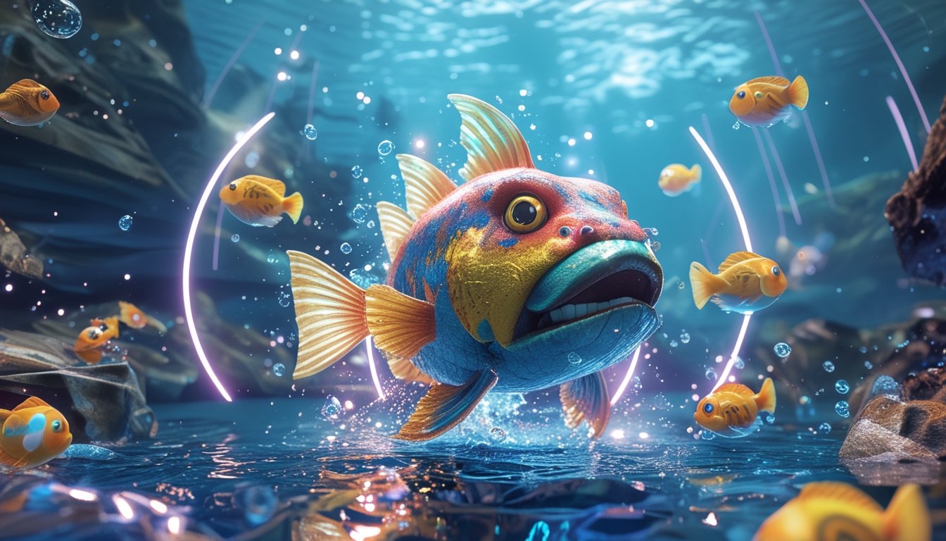 Adegan permainan tembak ikan dengan monster ikan besar dan berbagai ikan kecil di latar laut yang berwarna-warni dan penuh efek visual.