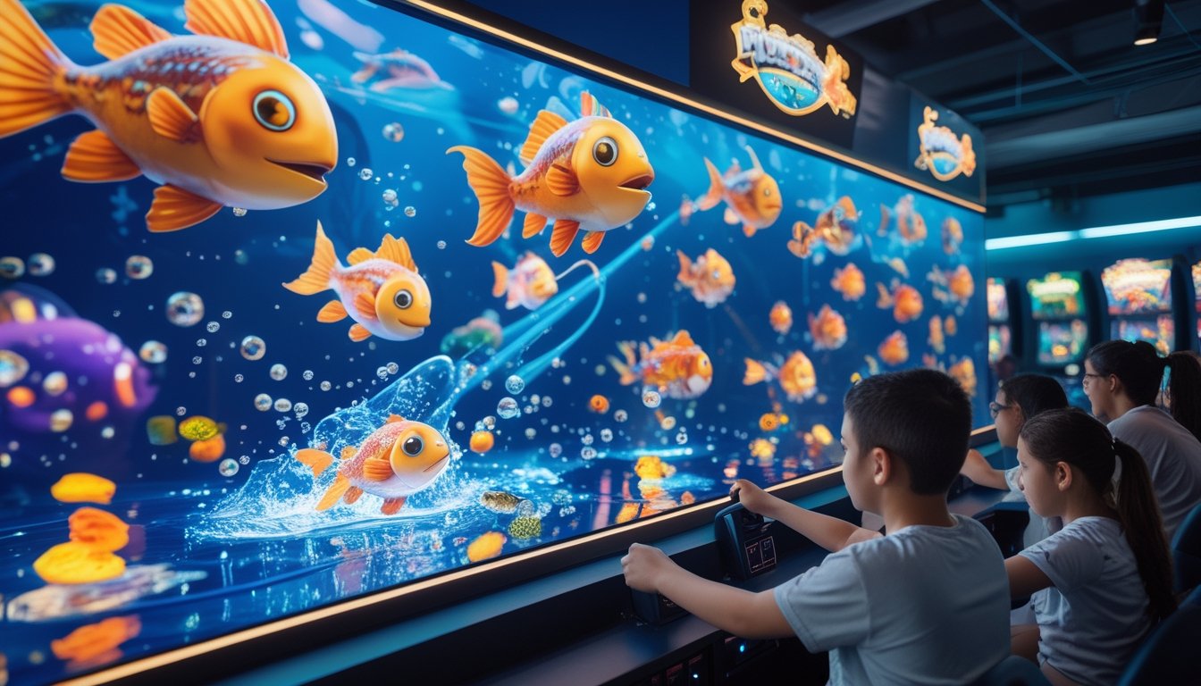 Suasana arcade dengan pemain yang sedang bermain game menembak ikan monster dengan efek visual yang menarik dan warna-warni.