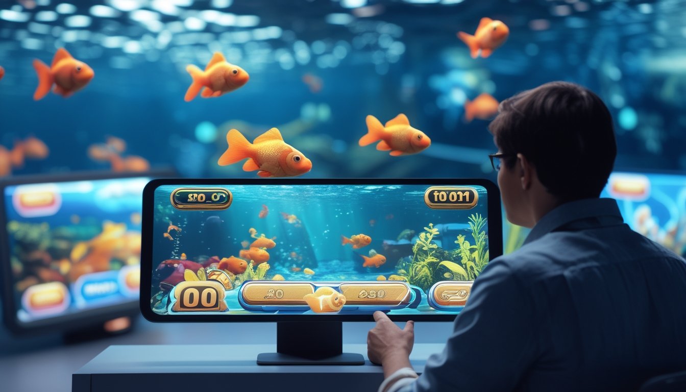 Seorang pemain yang fokus menggunakan perangkat digital untuk bermain permainan tembak ikan Goldfish dengan latar belakang warna-warni ikan mas dan elemen permainan arcade lainnya.