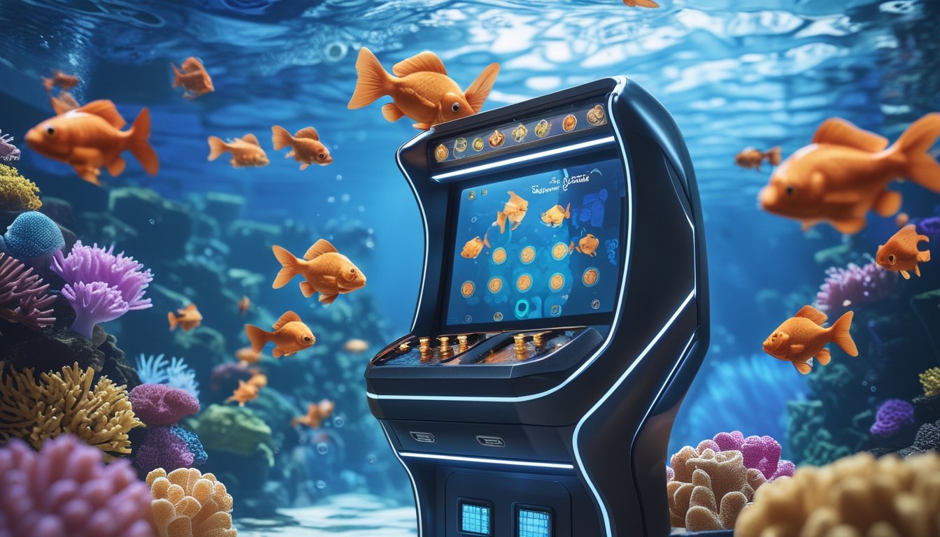 Suasana permainan tembak ikan dengan latar bawah laut dan ikan mas berwarna-warni di sekitar mesin arcade modern.