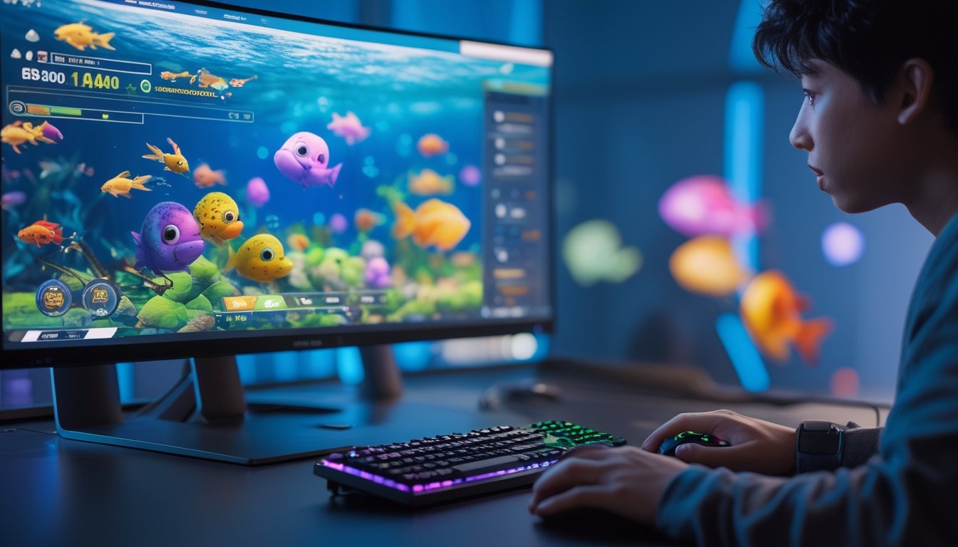 Seorang pemain menggunakan komputer dengan layar menampilkan permainan menembak ikan monster di bawah laut.