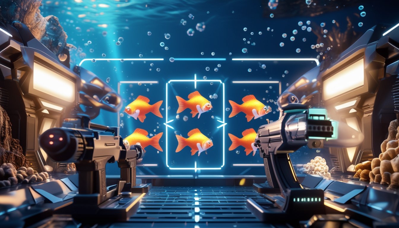Adegan bawah air dengan ikan mas berwarna-warni dan berbagai senjata modern yang diarahkan ke ikan, menampilkan suasana permainan taruhan dengan fitur jackpot.