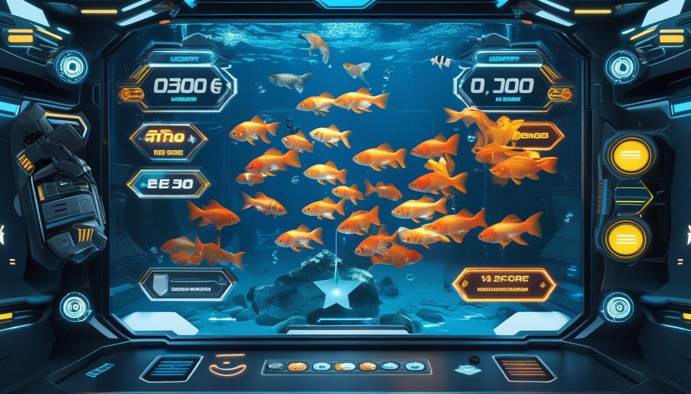 Tampilan layar permainan tembak ikan digital dengan ikan mas berwarna-warni, berbagai senjata futuristik, dan ikon jackpot yang menyala.
