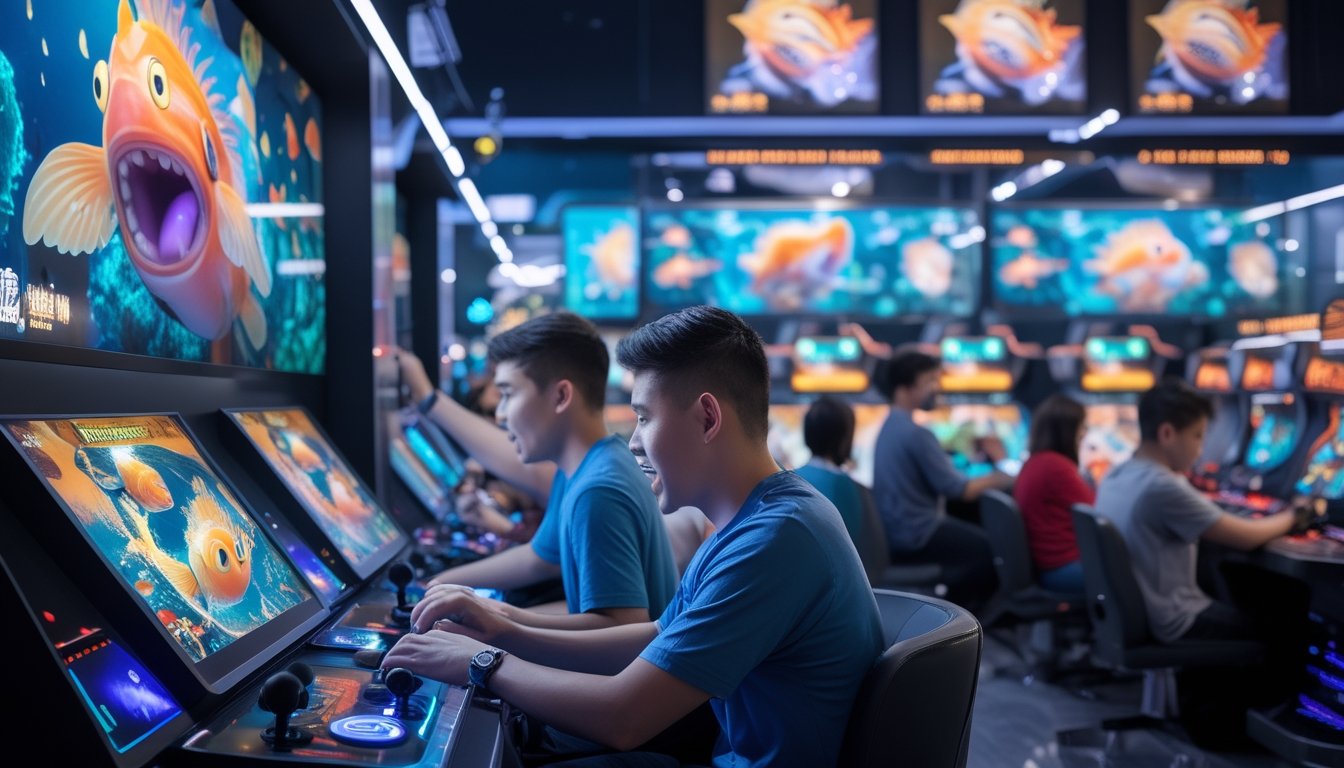 Suasana arcade game dengan pemain yang sedang bermain permainan tembak ikan monster dalam turnamen yang menarik.