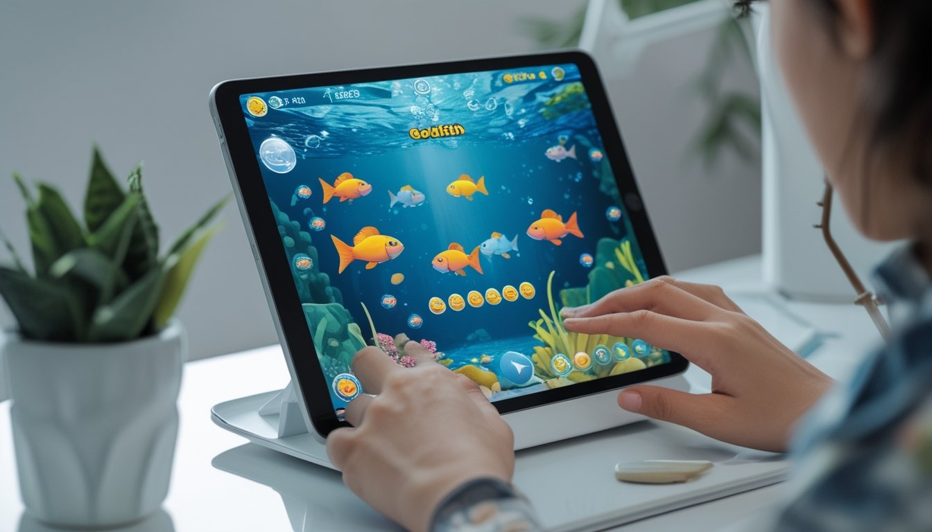 Seseorang sedang bermain permainan tembak ikan Goldfish di tablet dengan latar belakang ruangan yang rapi dan pencahayaan alami.
