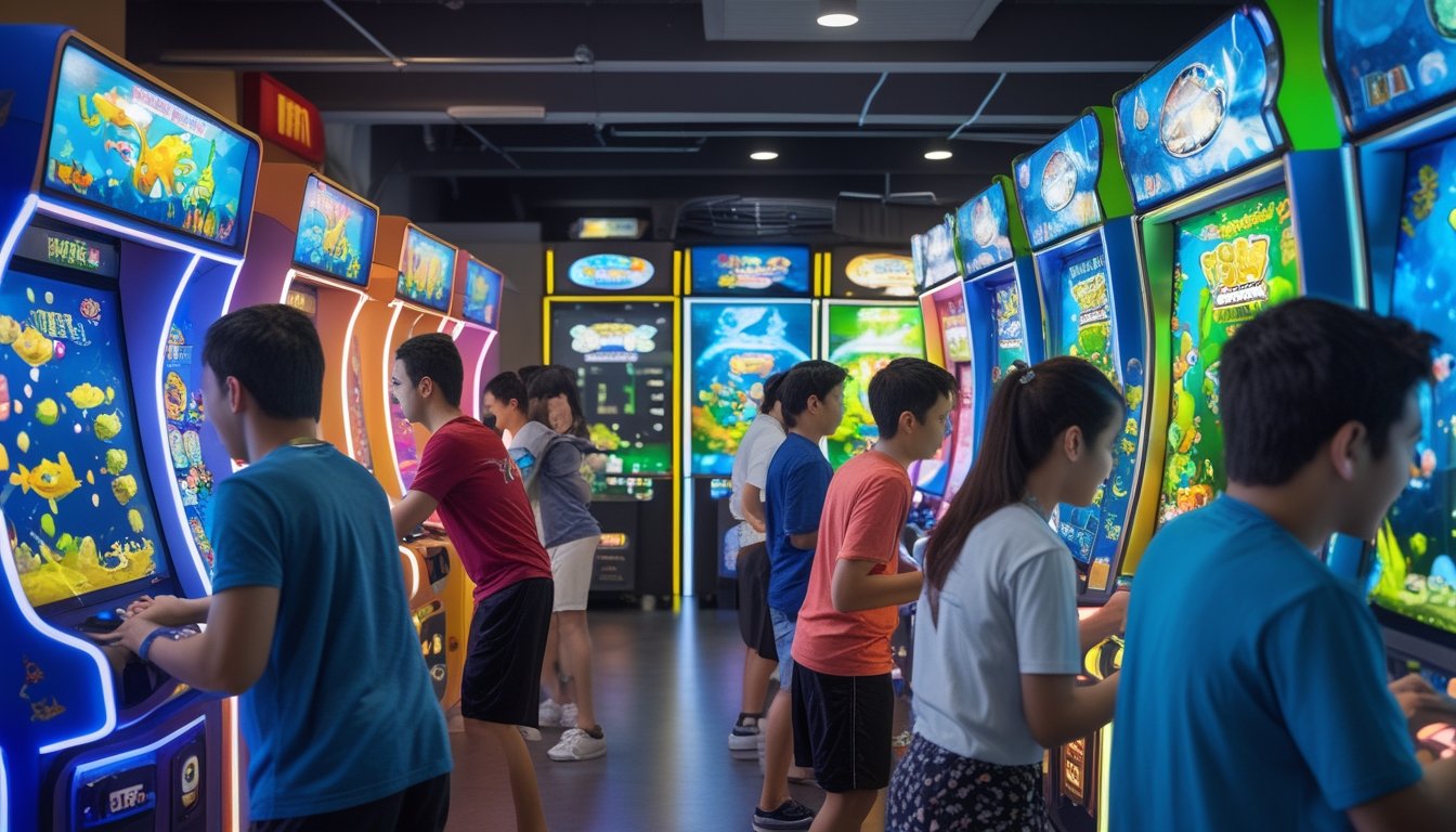 Ruangan arcade dengan mesin permainan tembak ikan monster, menampilkan pemain yang sedang bermain dengan latar warna-warni dan suasana ramai.