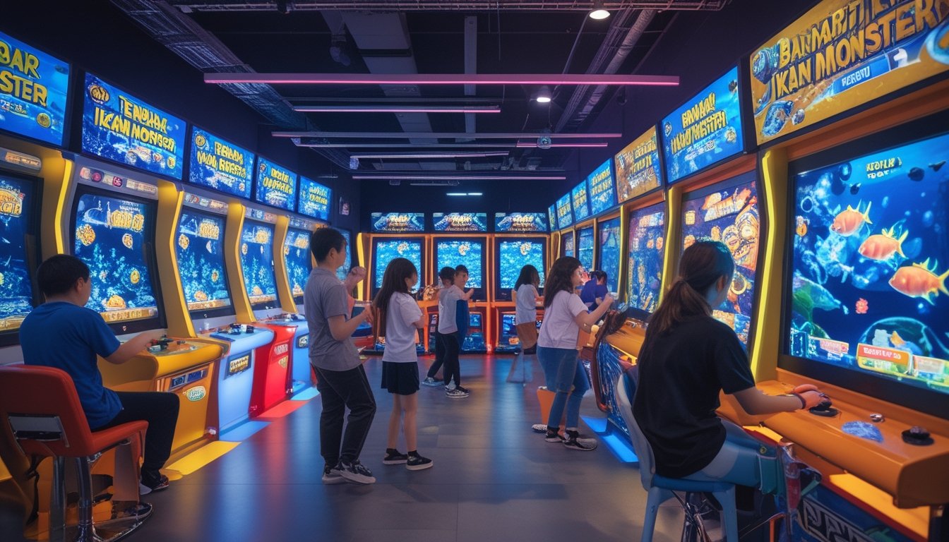 Ruangan arcade dengan beberapa orang bermain mesin permainan tembak ikan berwarna-warni yang menampilkan ikan monster dan tantangan berbeda.
