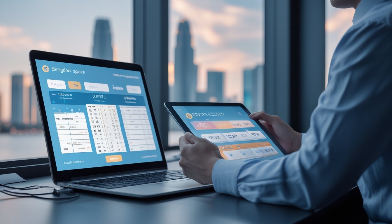 Seorang profesional sedang bekerja dengan laptop dan tablet yang menampilkan data togel, dengan latar belakang siluet kota yang mewakili Singapura dan Bangkok.