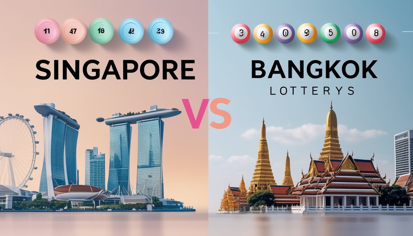 Gambaran perbandingan sistem dan pasar togel antara Singapura dan Bangkok dengan latar belakang pemandangan kota dan simbol togel.