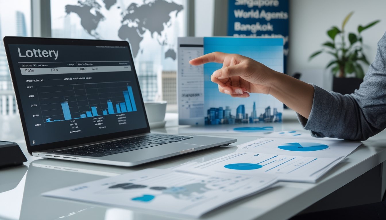 Orang sedang bekerja di meja dengan laptop dan dokumen yang berisi grafik dan data, latar belakang menampilkan peta dunia dan siluet kota Singapura dan Bangkok.