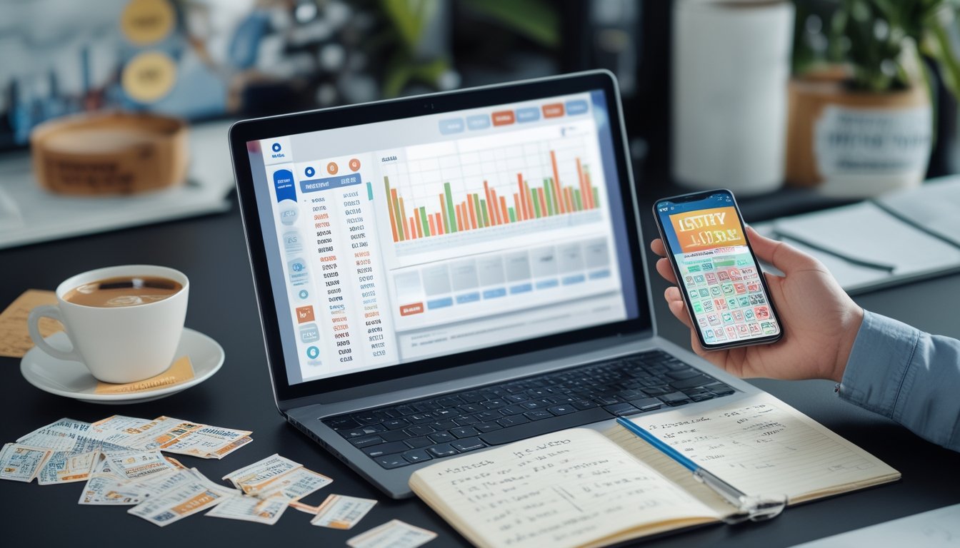 Meja kerja dengan laptop, ponsel, tiket togel, dan catatan, menggambarkan aktivitas permainan togel Singapore dan agen togel Bangkok.