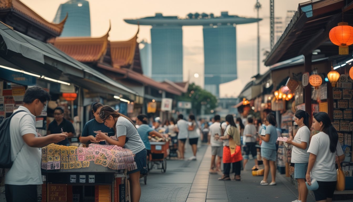 Pasar jalanan di Asia Tenggara dengan orang-orang yang memeriksa tiket lotere dan berdiskusi, latar belakang menampilkan bangunan khas Singapura dan Bangkok.