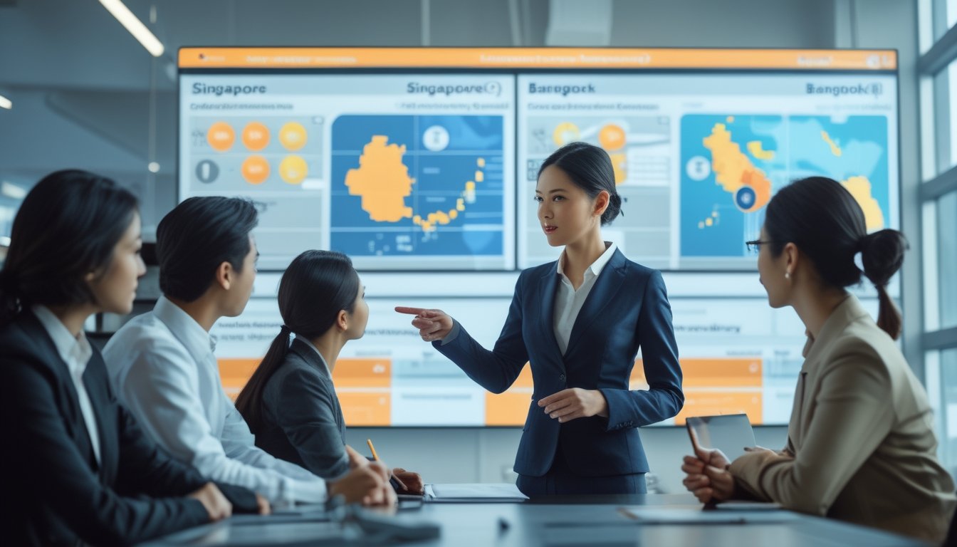 Sekelompok profesional sedang berdiskusi di kantor modern dengan layar digital yang menampilkan peta dan data terkait platform informasi togel Singapore dan Bangkok.