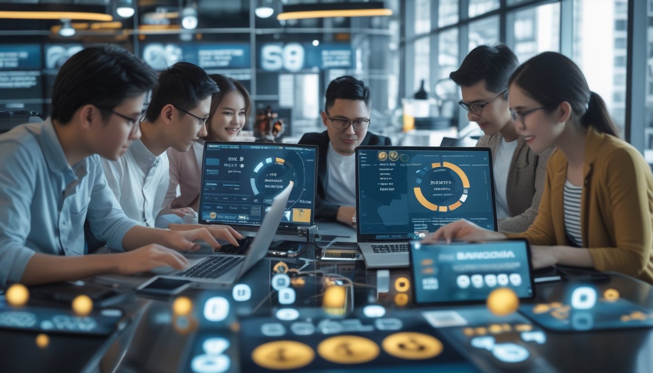 Sekelompok orang muda di ruang kerja modern sedang melihat data dan grafik di laptop dan tablet, dengan peta Asia Tenggara yang menyoroti Singapura dan Bangkok.