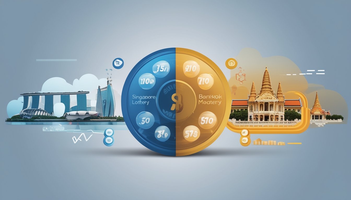 Gambaran pemandangan dua kota dengan elemen lotere yang mewakili pasar togel Singapura dan Bangkok secara berdampingan.