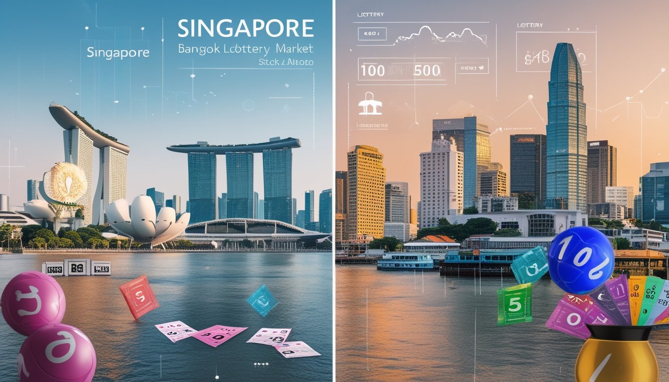 Pemandangan terbagi antara kota Singapura dengan Marina Bay Sands dan patung Merlion di sebelah kiri, dan kota Bangkok dengan kuil Wat Arun serta pasar tradisional di sebelah kanan, masing-masing menampilkan elemen terkait lotere seperti bola nomor dan tiket lotere.