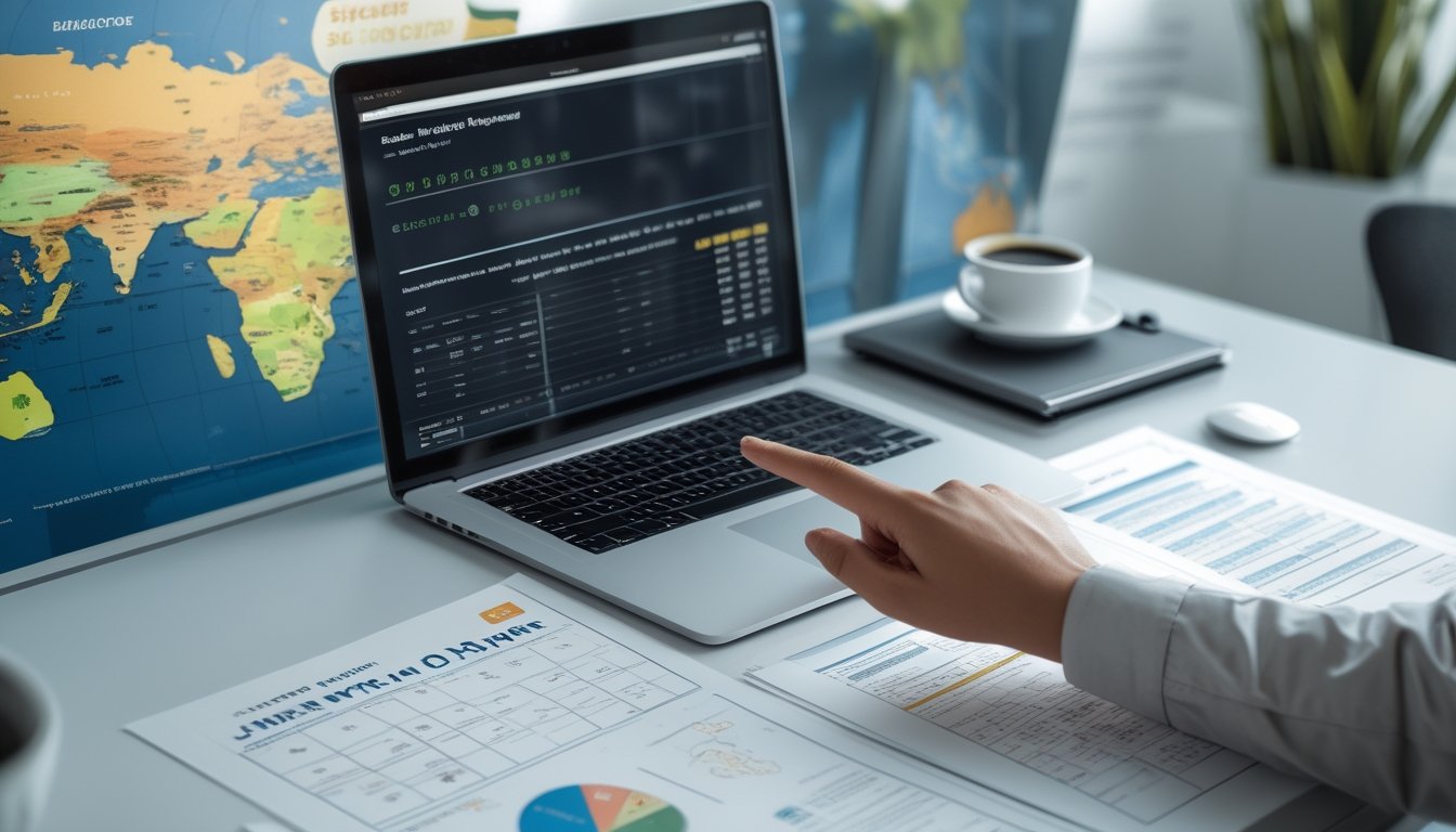 Sebuah meja kerja dengan laptop yang menampilkan grafik dan data angka togel, tangan menunjuk ke layar, di latar belakang terdapat peta dunia yang menyoroti Singapura dan Bangkok.