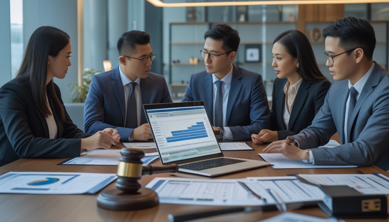 Sekelompok profesional bisnis sedang berdiskusi serius di ruang kantor modern dengan dokumen dan laptop, menggambarkan risiko, regulasi, dan aspek hukum terkait togel Singapore dan agen togel Bangkok.