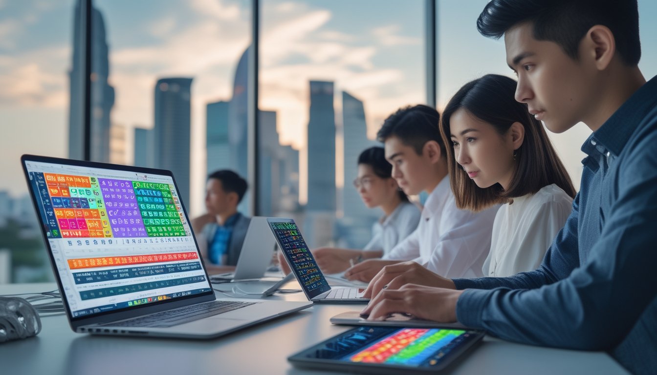 Orang-orang menggunakan perangkat digital untuk melihat data togel dengan latar belakang kota Singapore dan Bangkok.