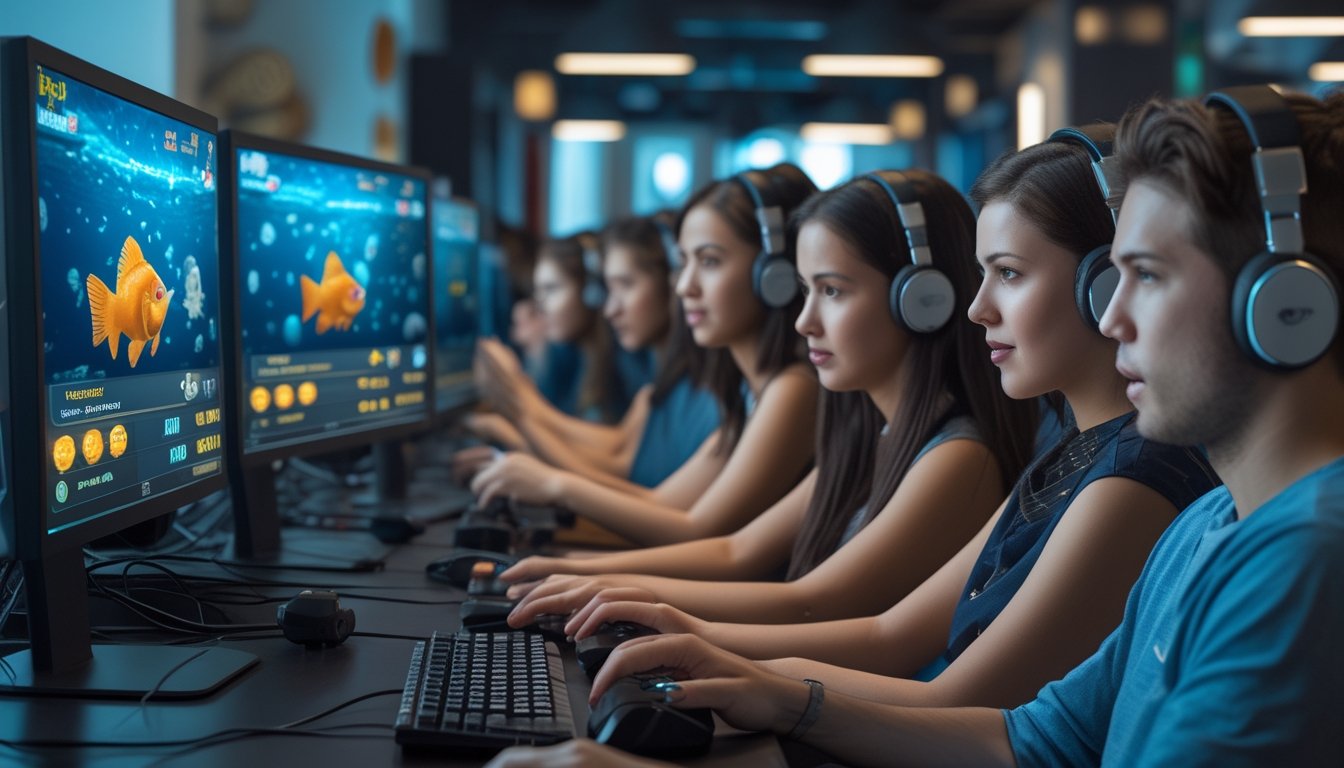 Sekelompok orang muda sedang bermain game tembak ikan di komputer dengan tampilan layar berisi ikan dan statistik taruhan.