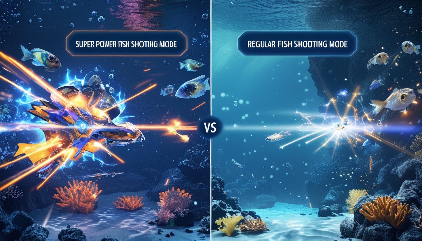 Gambaran dua mode permainan menembak ikan di bawah laut, satu dengan efek kuat dan intens, satu lagi dengan efek sederhana dan tenang.