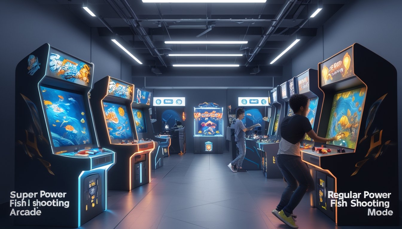 Dua mesin permainan tembak ikan di arcade berdampingan, satu dengan efek visual cerah dan canggih, satu lagi dengan tampilan lebih sederhana, dengan pemain yang sedang bermain.