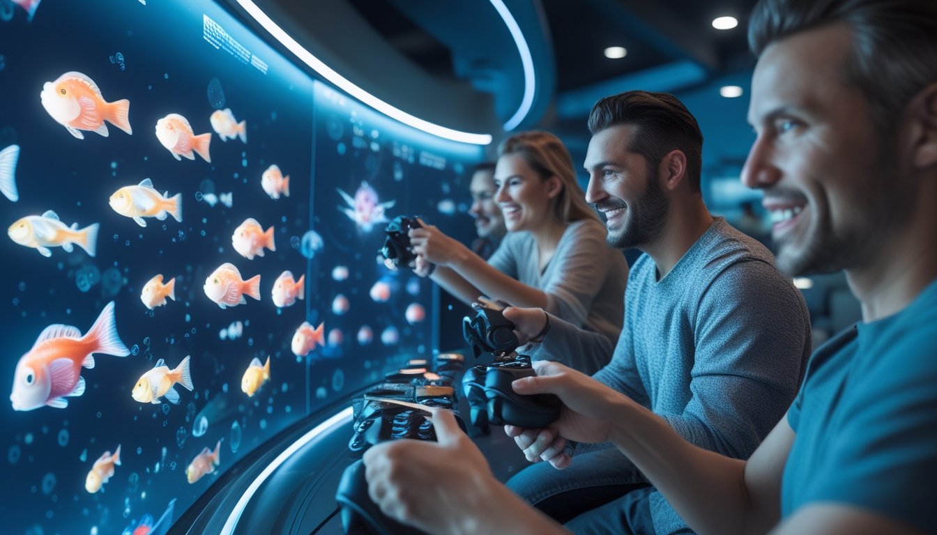 Sejumlah orang dewasa sedang bermain permainan tembak ikan digital di ruang bermain dengan layar besar dan kontroler game.