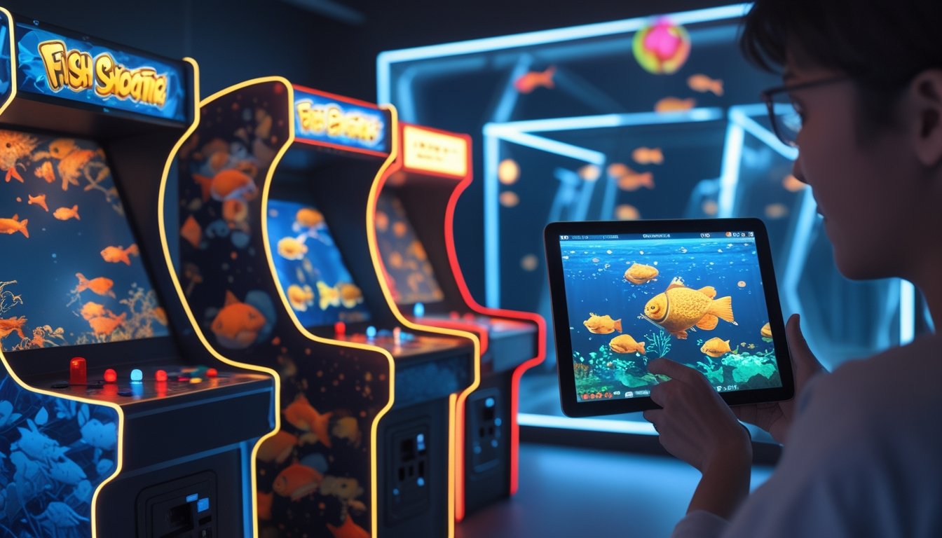 Sebuah ruangan arcade dengan mesin game tembak ikan klasik di satu sisi dan seseorang menggunakan tablet dengan game tembak ikan online di sisi lain.