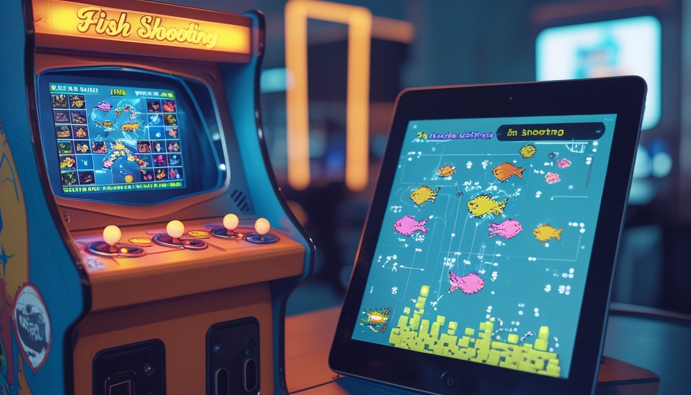 Sebuah mesin arcade klasik dan perangkat modern yang menampilkan permainan tembak ikan, menggambarkan perkembangan dari game arcade ke platform online.