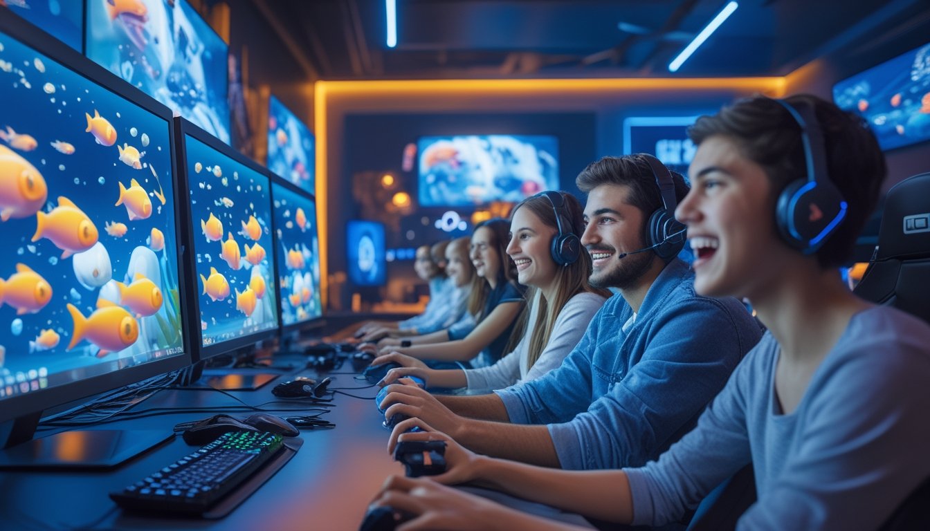 Sekelompok orang muda sedang bermain game tembak ikan di komputer dalam ruang bermain yang modern dan terang.
