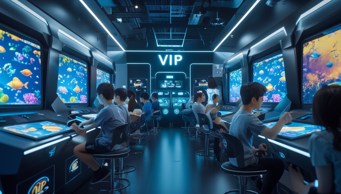 Beberapa pemain muda sedang asyik bermain permainan tembak ikan di ruang arcade dengan mesin game berteknologi tinggi dan layar menampilkan ikan warna-warni.