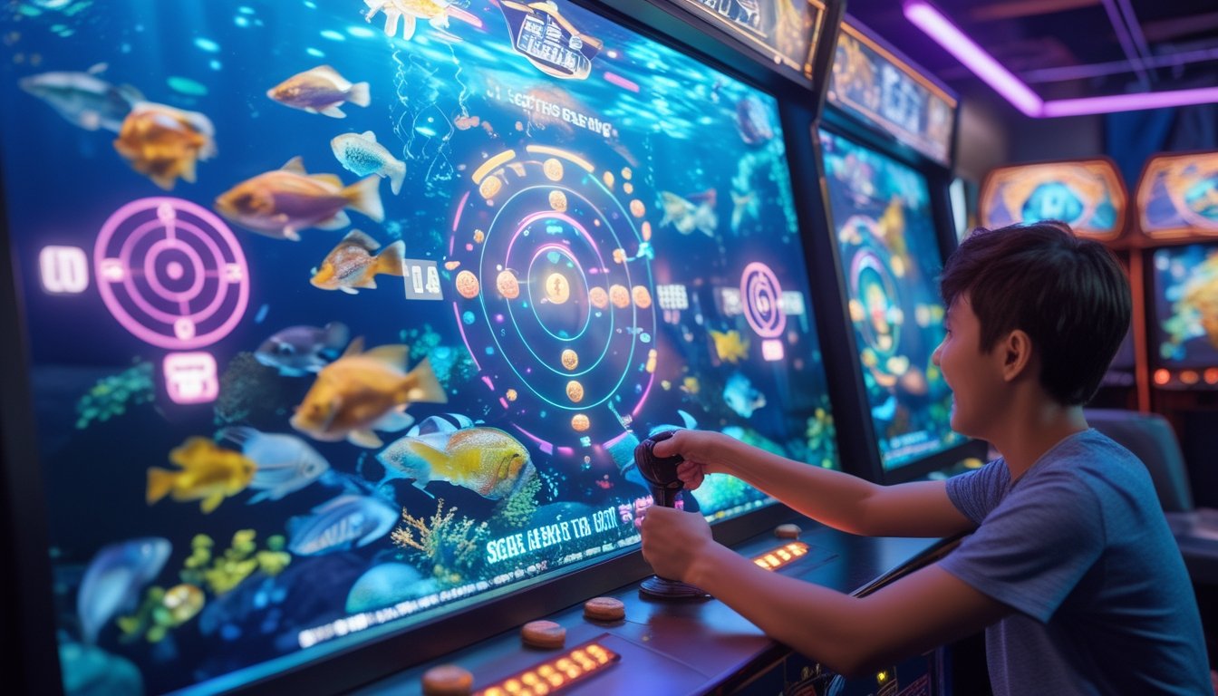 Seorang pemain sedang bermain permainan tembak ikan modern di arcade dengan layar digital menampilkan ikan dan skor target yang menyala.