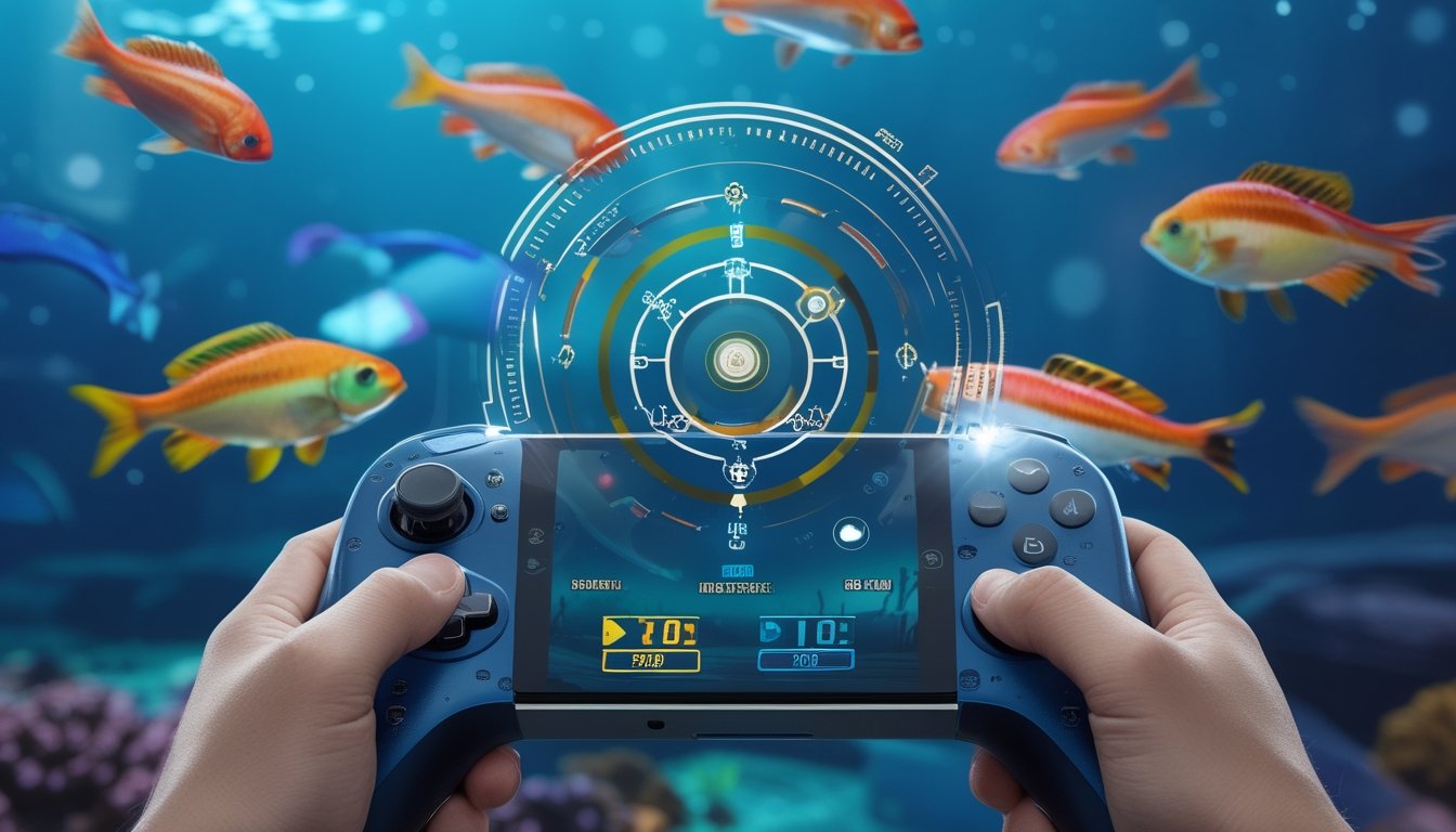 Seseorang memegang kontroler permainan dengan latar belakang ikan berwarna-warni di bawah laut dan tampilan skor serta target permainan.