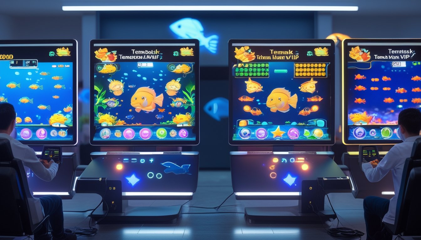 Dua orang muda sedang bermain game menembak ikan di layar komputer berdampingan dengan latar ruangan permainan bertema bawah laut.