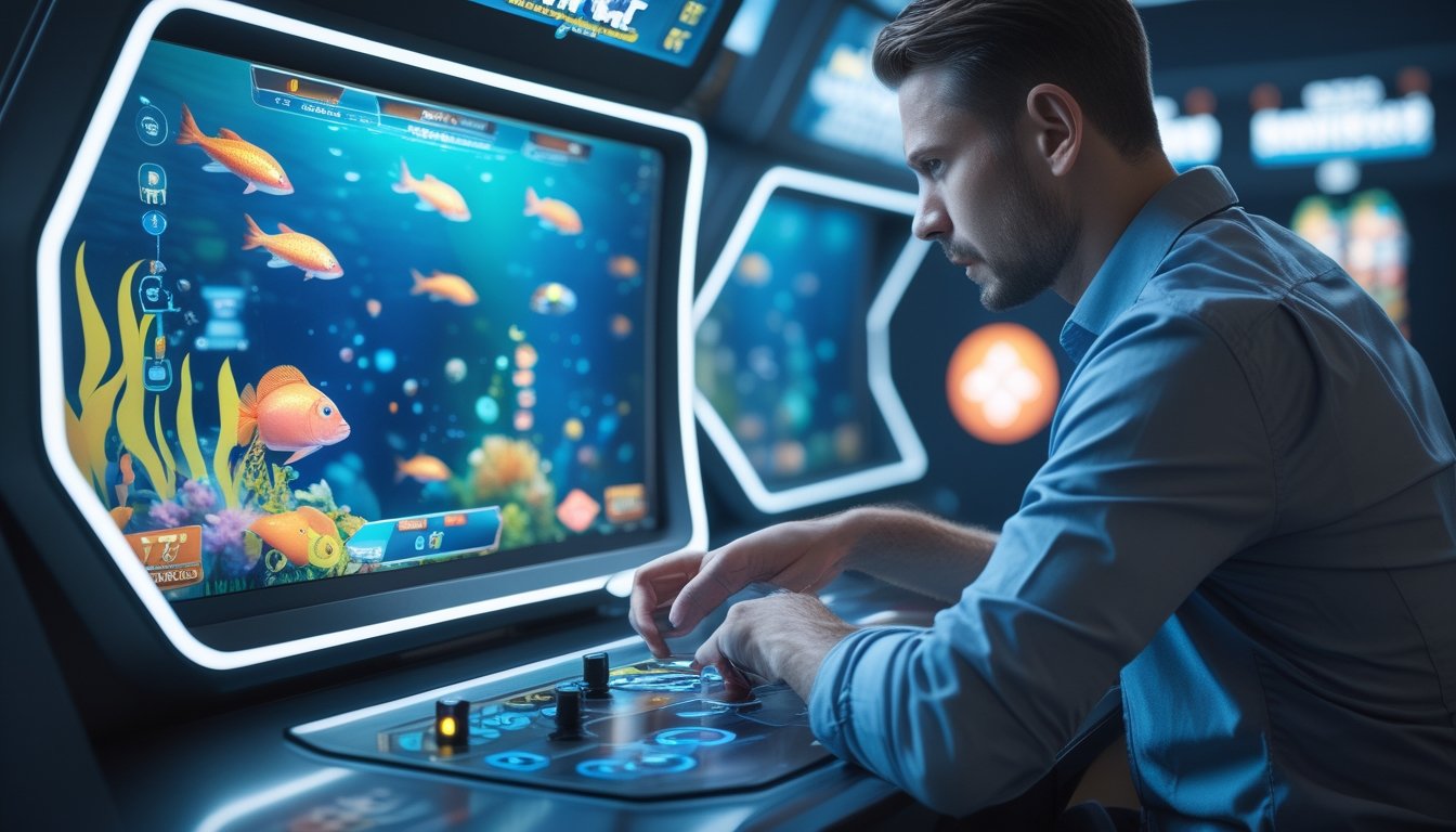 Seorang pemain dewasa fokus bermain permainan tembak ikan digital dengan latar belakang layar permainan berwarna-warni dan elemen yang menggambarkan risiko dan pertimbangan.